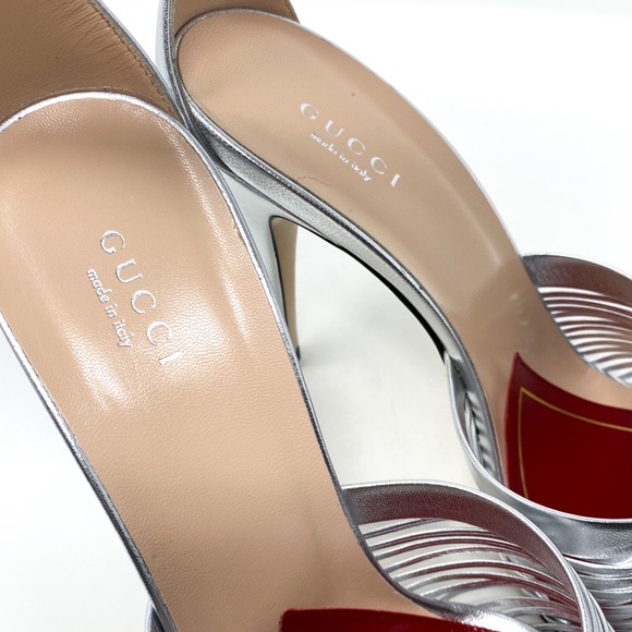 GUCCI Crawford Knotted Leather Silver Metallic Strap Heel Sandals - Picture 7 of 11